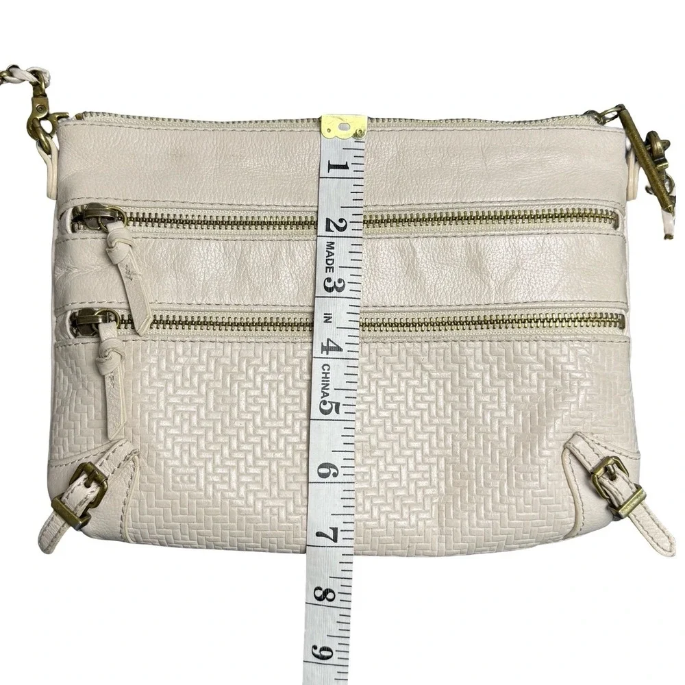 Elliott Lucca Cream Leather Crossbody Bag Triple Zip Chain Strap Woven Small Y2K